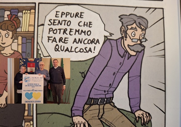 Antonio Tosi nel fumetto che racconta la nascita di Aubam e, nel riquadro, con l'assessore Paola Reguzzoni e il vicepresidente dell'associazione Massimo Ripamonti