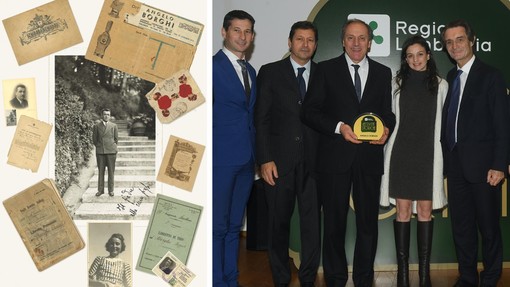 A sinistra, il fondatore Angelo Borghi e alcuni documenti storici. A destra, la terza e quarta generazione (Aldo Tosi  con la figlia Miriam) alla premiazione delle attività storiche di Regione Lombardia