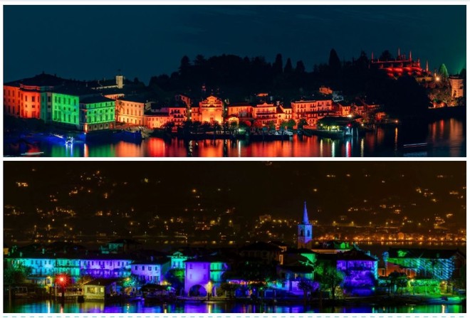 L'Isola Bella, in alto, e l'Isola dei Pescatori illuminate d'immenso per le feste: uno spettacolo da non perdere