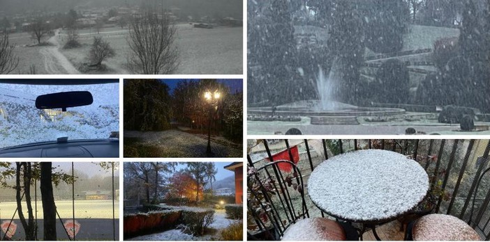 Dall'alto in senso orario il Brinzio e i Giardini Estensi sotto la prima neve, un balcone e un'abitazione in zona Masnago, il campo delle Bustecche in bianco, un'auto in sosta davanti al palaghiaccio di via Albani e al centro un giardino a Castronno