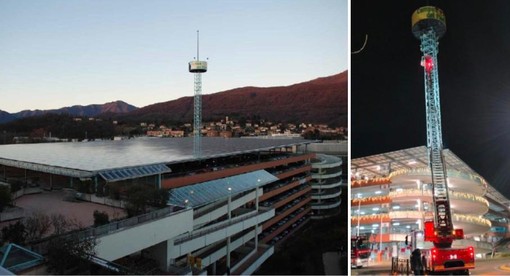 Tetto e torre del Centro Commerciale Campo dei Fiori di viale Ticino a Gavirate: a destra l'intervento di ieri sera dei vigili del fuoco