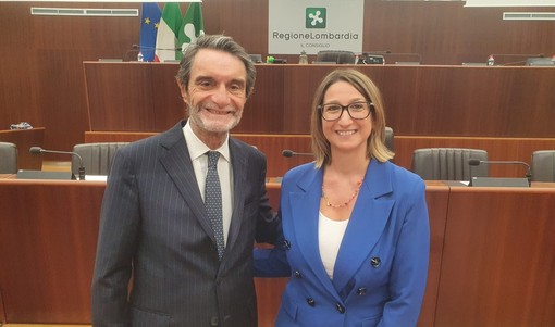 Romana Dell'Erba col governatore Attilio Fontana e, sotto, col presidente del Consiglio regionale Federico Romani