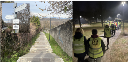 I gradini da e verso la Valle che saranno &quot;scalati&quot; con la San Gaudenzio Run e a lato i camminatori entrati in azione venerdì