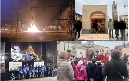 In alto a sinistra il falò di Borsano, accanto la Famiglia Sinaghina in centro, sotto bambini che ammirano i fantocci e in basso a sinistra il messaggio della Pro Loco di Solbiate