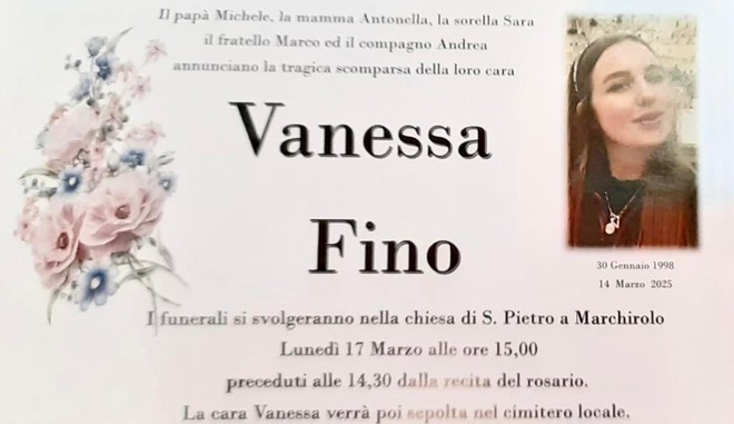 Lunedì alle 15 a Marchirolo l'ultimo saluto a Vanessa Fino