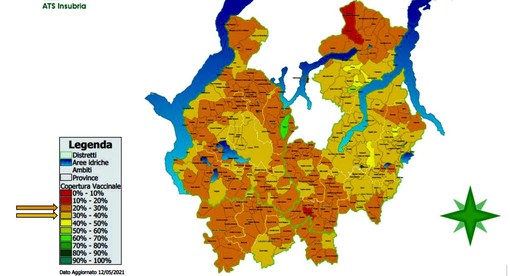 La mappa della copertura vaccinale sul territorio di Ats Insubria: più l'area è chiara, più alto è il numero di dosi somministrate. In verde le zone che hanno superato il 50%