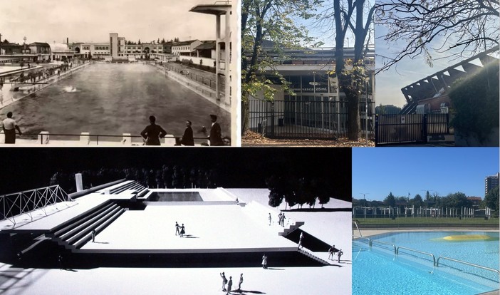 Vite della piscina. In alto nel 1939, in senso antiorario il progetto del '79, l'impianto scoperto quest'estate e la Manara Sartori tristemente chiusa oggi