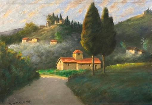 Paesaggio Chiantigiano, Nino Tirinnanzi, olio su cartone, 49,9 x 69,6, 1988