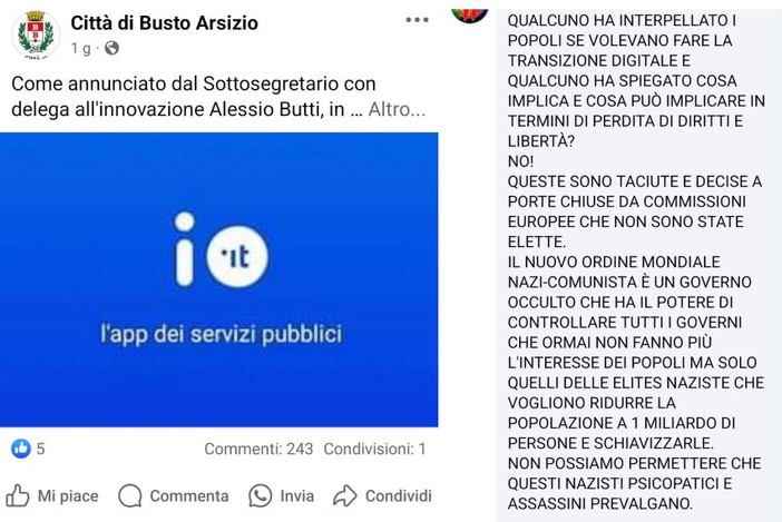 Pagina Facebook del Comune di Busto sotto attacco. Centinaia di commenti contro «il nuovo ordine mondiale nazi-comunista»