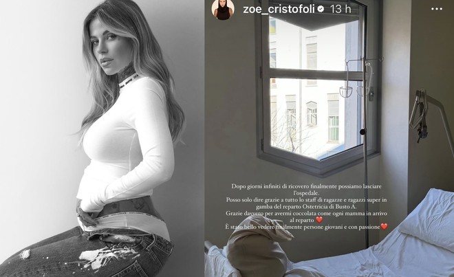 Zoe Cristofoli in una sua immagine Instagram e nel post che ha diffuso